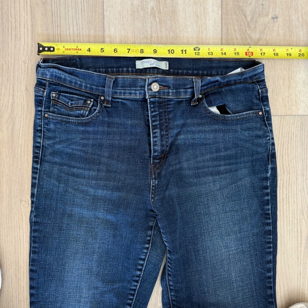 Levis 505 Straight Leg Jeans Dark Wash Blue Denim Flap Pocket Pants WM's 14L EUC - Picture 8 of 9